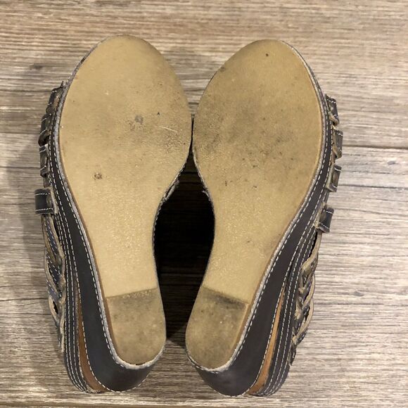 Bed Stu Gina Wedge 6 Black Leather Brown Wood Platform Strappy Sandal Mexico - Picture 8 of 11